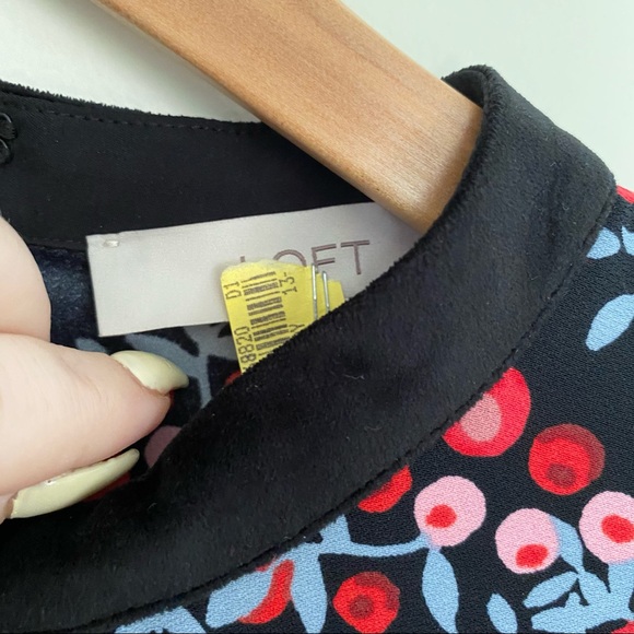 LOFT Cherry Berry Print Velvet Trim Cutout dress - Picture 3 of 8